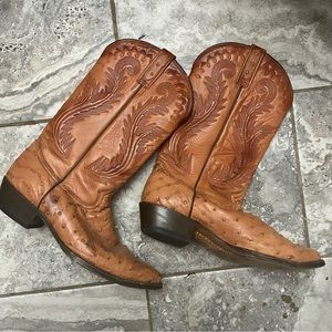 Men's Botas Jaca Brown Full Quill Ostrich Leather Western Boots, Size 30 EE